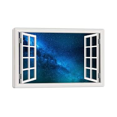 Imagem de Impressão em tela emoldurada de madeira janela céu estrelado misterioso 3D falsa janela vista paisagem pintura natureza imagem impressão em tela arte de parede para sala de estar 40 x 60 cm moldura
