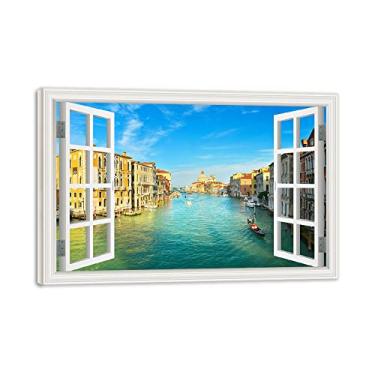 Imagem de Impressão em tela emoldurada de madeira para janela ensolarada cidade de Veneza 3D falsa janela vista paisagem paisagem paisagem imagem impressão em tela arte de parede para sala de estar 80 x 120 cm