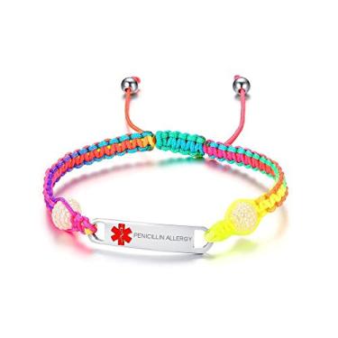 Imagem de VNOX Pulseira de identificação de alerta médico ajustável com corda trançada feita à mão para adultos e crianças, 15 a 23 cm, One Size, Níquel Couro Metal Aço inoxidável Prata