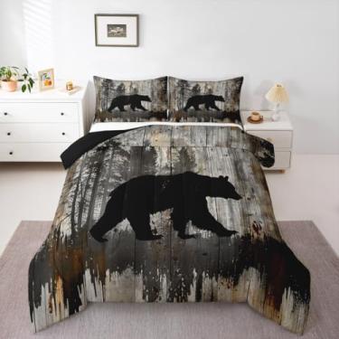 Imagem de Feelyou Conjunto de edredom Queen com ursos pretos e ursos pretos rústicos para decoração de quarto de crianças, casa de fazenda e adolescentes com 2 fronhas