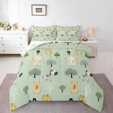 Imagem de jejeloiu Conjunto de edredom de animais selvagens com desenho animado de elefante para todas as estações com 1 fronha, lindo, zebra, urso, leão, microfibra infantil, roupa de cama de solteiro, animais