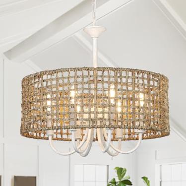 Imagem de LynPon Lustre de vime boho branco de 45 cm para sala de jantar, luminária de vime boho de 6 luzes com persiana de vime tecida à mão, lustre vintage costeiro para sala de estar, cozinha, quarto