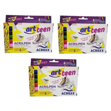 Imagem de Kit 3 Acrilpen Canetas Para Tecido Artteen Acrilex 6 Cores