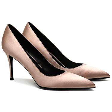 Imagem de MOOMMO Sapatos femininos clássicos de salto alto, bico fino, sem cadarço, salto stiletto, bico fino, fechado, salto gatinho, sandálias de salto de gatinho de 7,6 cm, para escritório, festa de