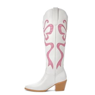 Imagem de WINDBXYB Botas femininas caubói com laços coloridos bordadas brancas na altura do joelho, moderno, bico amendoado, design de salto grosso, rosa, 38