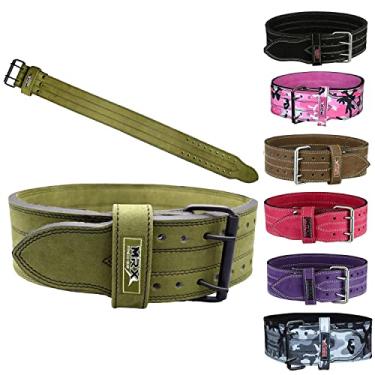 Imagem de MRX Cinto de couro para levantamento de peso 10 cm de largura 10 mm de espessura para treinamento fitness suporte traseiro cintos de musculação com fivela de aço 2 pinos verde-oliva (médio)