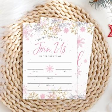 Imagem de Whaline Pacote com 20 Convites de Natal com Envelopes Adesivos Rosa Glitter Ouro Prata Floco de Neve Convites em Branco Convites para Festas de Natal de Inverno, 5 x 7 polegadas