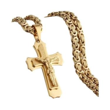 Imagem de Colar Masculino com Cruz Bizantina em Aço Inoxidável - Pingente de Jes
