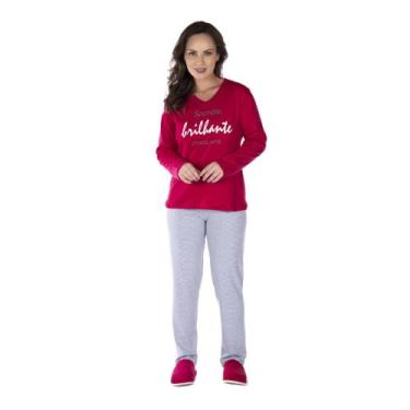 Imagem de Pijama Feminino Manga Longa Calça Listrada Adulto Canelado Quentinho I