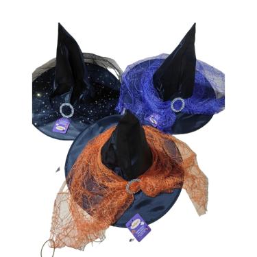 Imagem de Chapéu de Bruxa Infantil Véu Halloween Laranja Roxo Preto - Festive