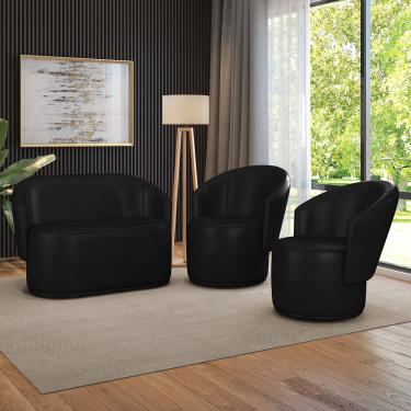 Imagem de Sofá Namoradeira e 2 Poltronas Orgânica para Sala Malu Sintético PU Preto M11 - D'Rossi