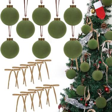 Imagem de ICBOX Bolas de Natal verdes de 8 cm, 15 peças, enfeites de veludo verde vêm com 10 peças de enfeites de veludo vintage para decoração de mesa de guirlanda de árvore de Natal, decoração de festa e