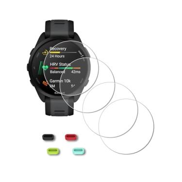Imagem de iDaPro [4 peças protetoras de tela para Garmin Forerunner 165 / Forerunner 165 Music+ [4 peças] plugues de silicone antipoeira, vidro temperado, dureza 9H, anti-arranhões, antibolhas