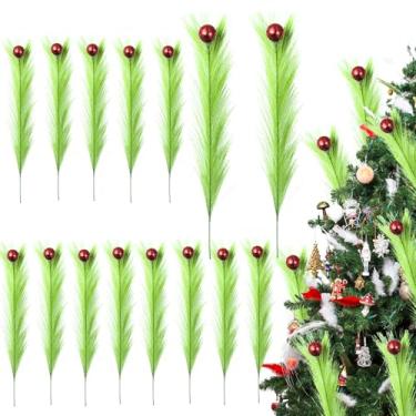 Imagem de 12 peças de topo de árvore de Natal, palitos de árvore encaracolados verde-limão, 43 cm, com bola vermelha, hastes verdes artificiais para decoração de guirlanda de Natal