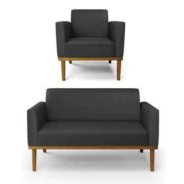 Imagem de Sofá Namoradeira Com Poltrona Base De Madeira Fixa Castanho Marisa Corino Preto D03 - D?rossi