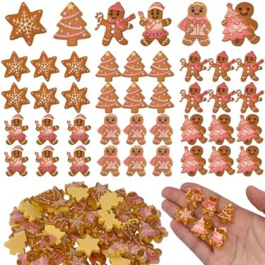 Imagem de 60 miniaturas de pão de gengibre rosa para artesanato de 2,5 cm, pingentes de fundo plano, 6 estilos, mini estatuetas de resina para enfeites de Natal DIY, lembrancinhas de festa e decoração de