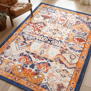 Imagem de Phantoscope Tapete de área de coleção vintage 3'x5' - tapete lavável tapetes boho antiderrapantes para sala de estar, quarto, sala de jantar, dormitório, tapete de pelo baixo interior tapete de acento envelhecido, azul marinho/laranja