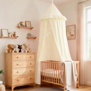 Imagem de Akiky Dossel de cama infantil para berço e solteiro com babados, apanhador de sonhos, decoração de quarto de bebê de princesa, cúpula de bebê, cortinas redondas para barraca pendurada, saia sobre a