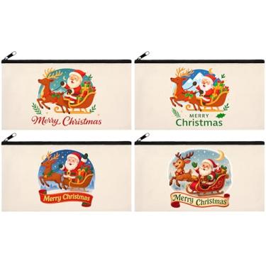 Imagem de Phicorn Bolsas de Natal com zíper – Pacote com 4 (20,3 cm x 10,7 cm) Sacos de lona de algodão reutilizáveis com estampas de Papai Noel e Rena para presentes de Natal, maquiagem e uso diário