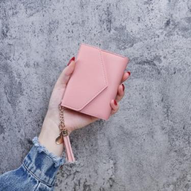 Imagem de Carteira pequena feminina ultrafina de couro PU com suporte para cartão de crédito, embreagem e borla pendente, rosa, Tendência