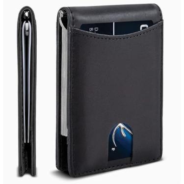 Imagem de Carteira masculina de couro premium, bloqueio RFID, material de proteção de grau militar, suporte para cartão de crédito, clipe de dinheiro de metal. Projetado e projetado nos EUA