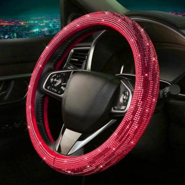 Imagem de Capa de volante feminina com diamantes brilhantes, capas de volante fofas de couro com strass de cristal, respirável, antiderrapante, ajuste universal, acessórios de carro de 38 cm, G