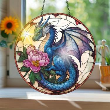 Imagem de Apanhador solar de acrílico colorido, estilo vitral com estampa de dragão animal, com reflexos de arco-íris, decoração de janela suspensa, arte de parede, ornamentos de Natal para uso interno e