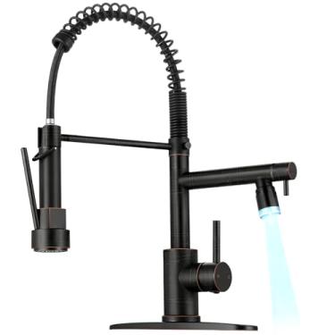 Imagem de RNDIOZD Torneira de cozinha LED com pulverizador de puxar para baixo - Torneiras de cozinha comerciais de manípulo único ORB, torneira de pia de cozinha com 2 bicos, torneira de pia de mola de aço