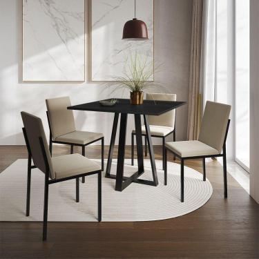 Imagem de Conjunto De Jantar Mesa Mônaco 90Cm Tampo Preto Com 4 Cadeiras Estofadas Bege - Cor: Preto