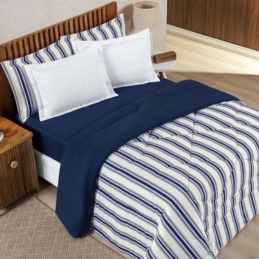Imagem de Edredom Cobertor Daily King Malha Listrado Dupla Face Fio Penteado - Azul Marinho