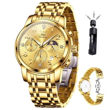 Imagem de OLEVS Relógio masculino luxuoso, clássico, grande, mostrador grande, relógio de pulso masculino, de aço inoxidável, à prova d'água, à prova d'água, todos os dias, fácil leitor, data, fase da lua