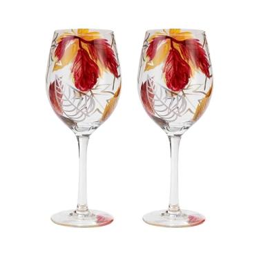 Imagem de NIRA.Z Conjunto de 2 taças de vinho pintadas à mão de 479 g de haste longa sopradas à mão para aromas aprimorados, elegantes, exclusivas, ideais para presente, outono, feriado, festa, aniversário