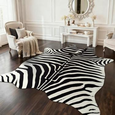 Imagem de BENRON Tapetes de zebra premium para sala de estar, quarto, tapete antiderrapante para decoração de casa, tapetes de pele animal com estampa de zebra sintética, preto e branco, marfim, 1,4 x 1,6 m