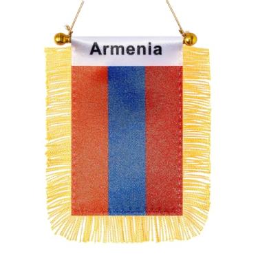 Imagem de JBSJBS Bandeira pendurada da Armênia mini bandeiras de janela de carro armênio pequenas bandeiras de espelho retrovisor decoração bandeiras da Armênia com ventosa com franjas douradas dupla face 7,6 x