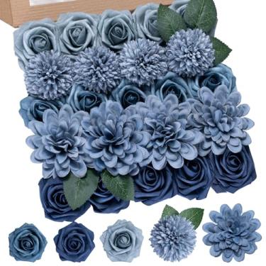Imagem de BSMYBO Conjunto de caixa de flores artificiais, rosas falsas, dália, flores azuis empoeiradas, bola de crisântemo artificial com hastes para casamento, buquês de noiva, centros de mesa, chá de bebê