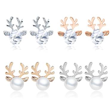 Imagem de RLHRNDE Conjunto de 4 pares de brincos de rena fofos para mulheres, incrível cristal, vermelho, branco, pedras preciosas, chifres de rena, brincos requintados de pérolas, adequado para uso diário