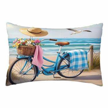 Imagem de Nicokee Capa de almofada temática de praia costeira bicicleta pássaro fronhas de almofada de poliéster decorativa para sofá, quarto, sala de estar, tamanho Queen 50 x 76 cm