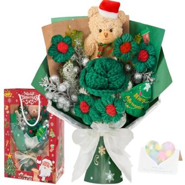 Imagem de inhand Buquê de flores de crochê, decorações de Natal com árvore verde, urso e poinsétias de rosa para decoração de mesa, lembrancinhas de festa engraçadas para mulheres, homens, esposa, mãe