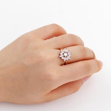 Imagem de Anel feminino banhado a ouro e ouro rosa com buquê de margaridas CZ – Design floral de zircônia cúbica brilhante, pulseira polida, joia romântica elegante para uso diário, casamento, festa e noite