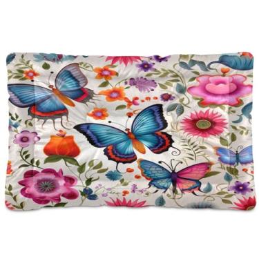 Imagem de Wassud Cama colorida de borboletas e flores ao ar livre para cães pequenos, lavável, impermeável, tapete de viagem para animais de estimação, cama portátil para gatos com fundo antiderrapante para uso