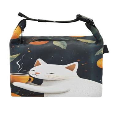 Imagem de STAYTOP Lancheira fofa para gatos brancos bebendo café com fivela de alça, lancheira isolada para meninos e meninas lancheira para trabalho escolar