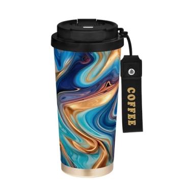 Imagem de YETTASBIN Caneca de café de mármore com isolamento térmico de 482 g com tampa canudo, copo à prova de derramamento e vazamento com alça para bebida quente e fria, garrafa de água de aço inoxidável