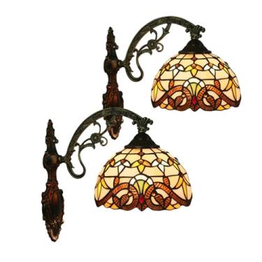 Imagem de Conjunto de 2 arandelas de parede em vitral barroco estilo Tiffany, 20 cm de largura, para corredor, sala de estar, quarto e hall de entrada.