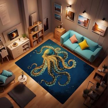 Imagem de LUCKYLEI Gold Blue Octopus Vintage Plush Bathroom Decor Rug - Indoor Outdoor Floor Mat - Decorative Bathroom Rug 2'x3'