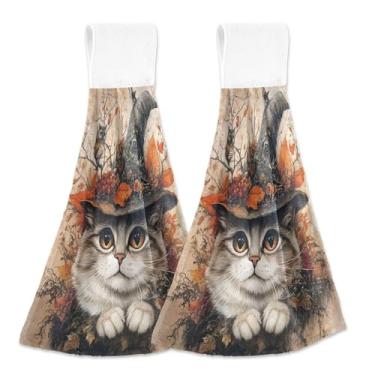 Imagem de Chapéu de bruxa de gato místico outono personalizado toalhas de cozinha penduradas no forno toalhas de dedo toalha macia fofa toalha de decoração de cozinha conjunto de 2, 45 x 35 cm