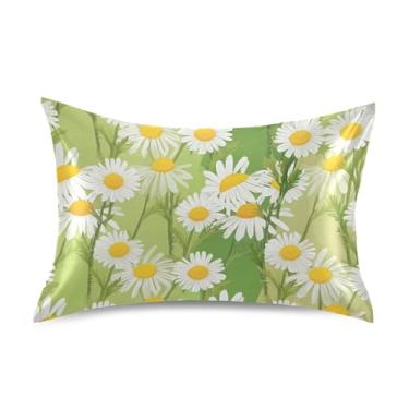 Imagem de Fronhas de cetim floral branco margaridas verde claro bege padrão king queen fronha personalizada roupa de cama refrescante decoração de casa tamanho padrão 66.0 cm x 50.8 cm