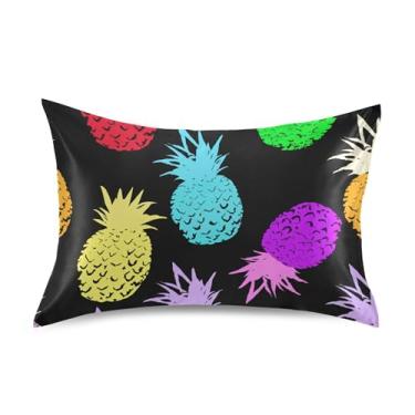 Imagem de Travesseiros de cetim com estampa de abacaxi em cores pretas padrão de resfriamento Queen King Size decoração de casa tamanho Queen 76 cm x 50 cm