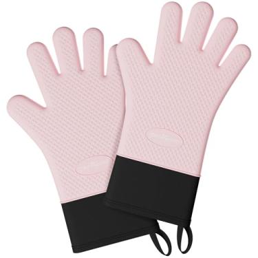 Imagem de PrettyCare Luvas de forno de silicone, impermeáveis e antiderrapantes com dedos, luvas de forno de silicone forradas de algodão, luvas de cozinha resistentes ao calor para assar, cozinhar, churrasco
