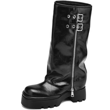Imagem de SLXCHBSL Botas femininas na altura do joelho com fivela para motociclistas, plataforma, dobráveis, botas de cano alto, salto baixo, botas de panturrilha larga, Preto, 39