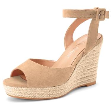Imagem de Z.Oufeier Sandália feminina de alpargata, salto plataforma, alpargatas, anabela, bico aberto, salto alto, clássico, elegante, confortável, com tira no tornozelo, Nude., 38
